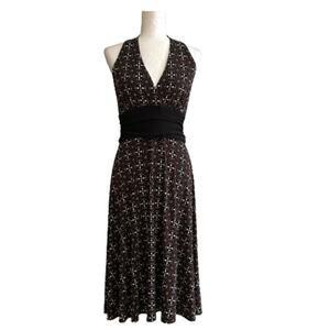 Donna Morgan Dress Halter Brown Black White Print Ruched Waist Dress Size 8 NEW
